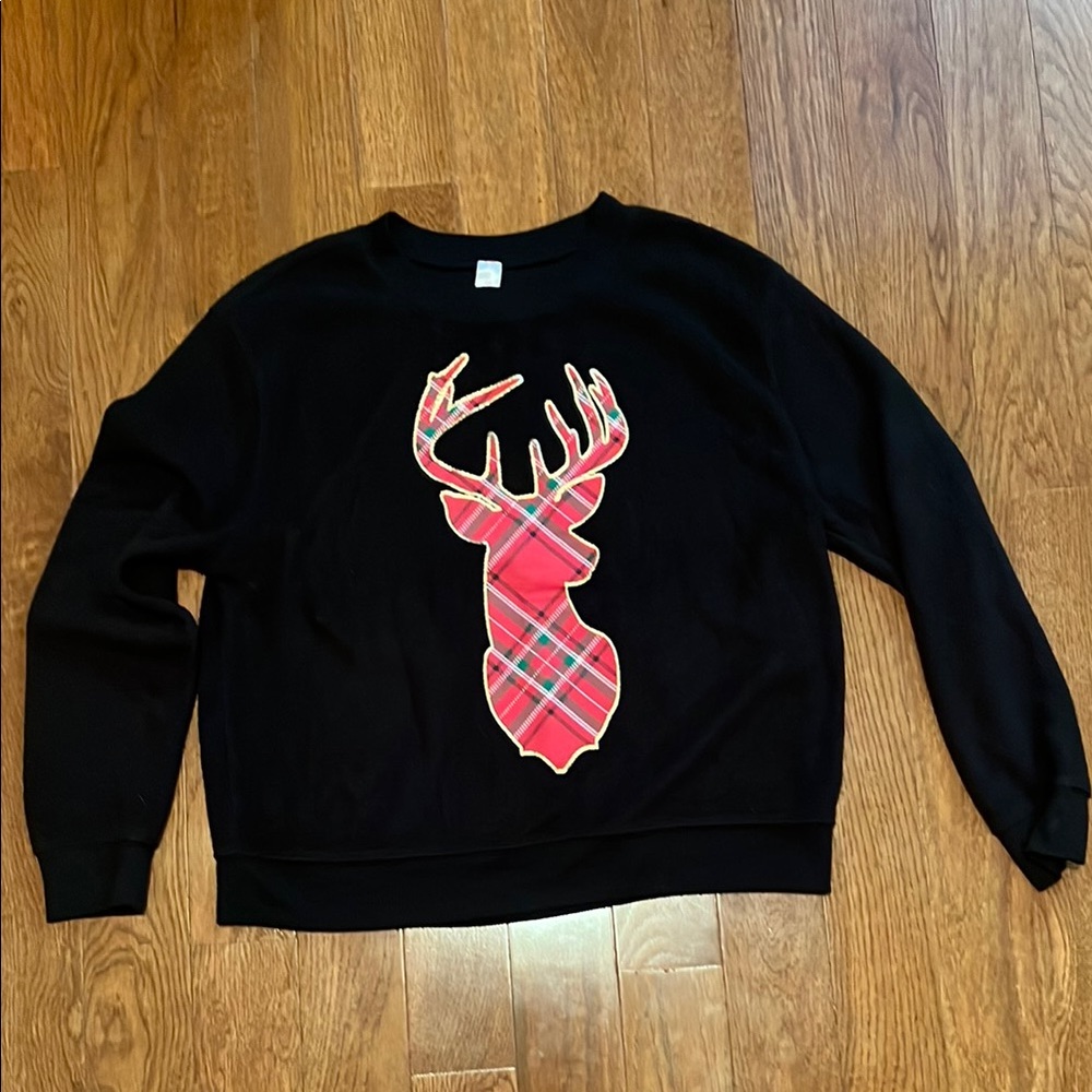 Black Sweater with Plaid Deer Design